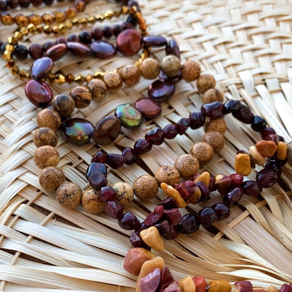 Natural Dark Red Garnet & Gold Jasper Mookaite Mix Gemstone Bead Bracelet Stack - Picture 3 of 11